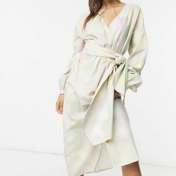 JUST Female Nikki Pastel Seersucker midi Maxi Dress Tie Dye Obi Robe Kimono  MED - Picture 6 of 12
